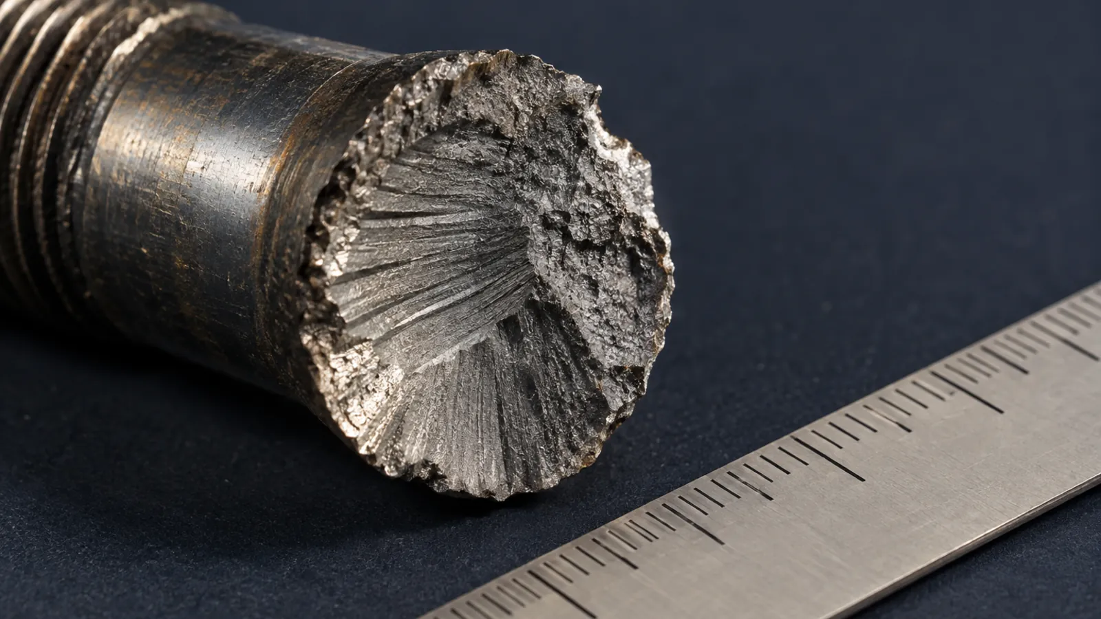 Superficie di frattura di un componente metallico con scala graduata: il punto di partenza di una failure analysis
