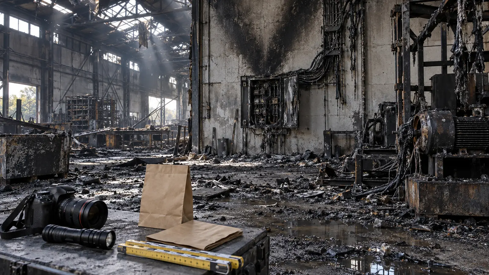Capannone dopo un incendio: pattern di fuliggine a V sopra un quadro elettrico bruciato e attrezzatura per il rilievo