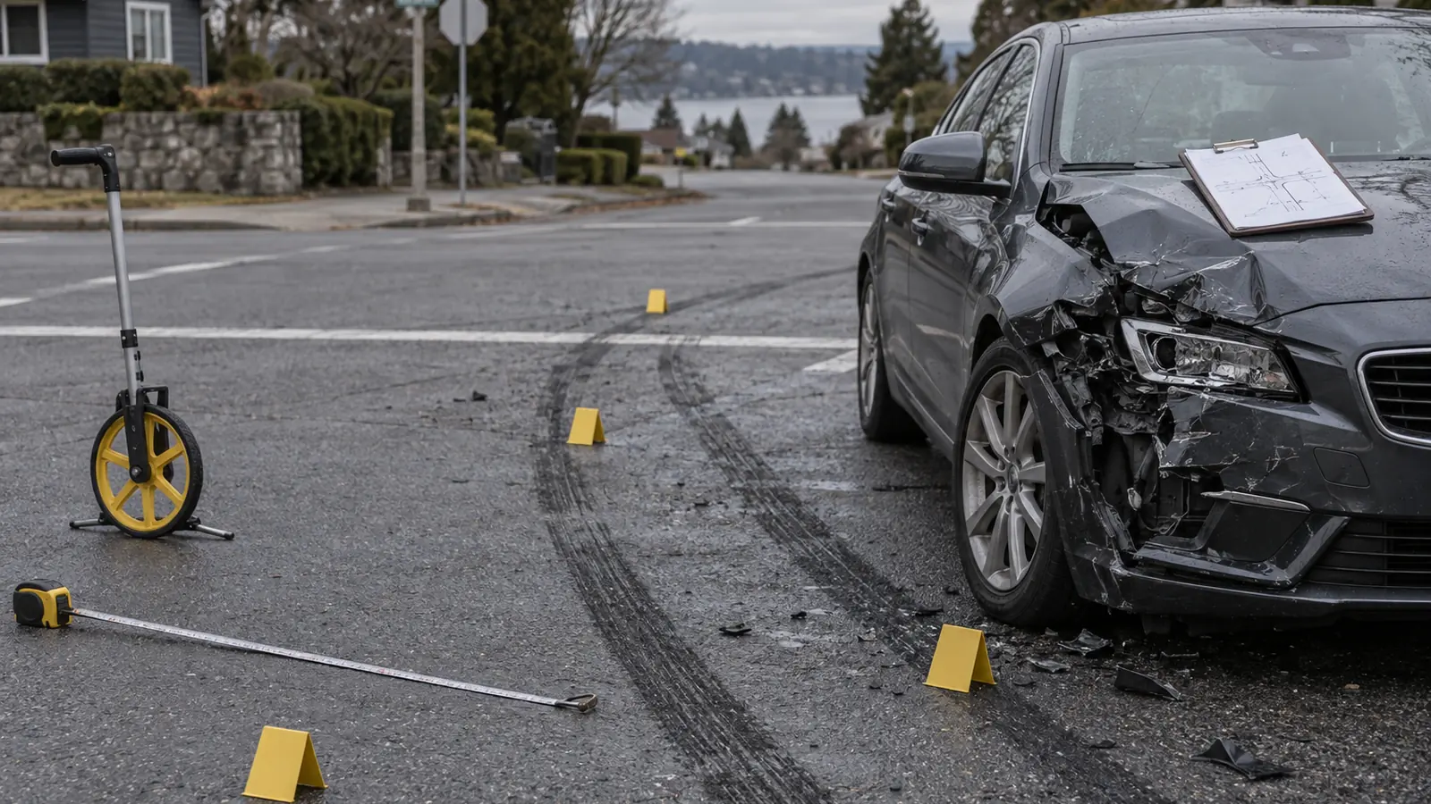 Incrocio dopo una collisione: auto con frontale danneggiato, tracce di frenata, segnaposti e rotella metrica per il rilievo