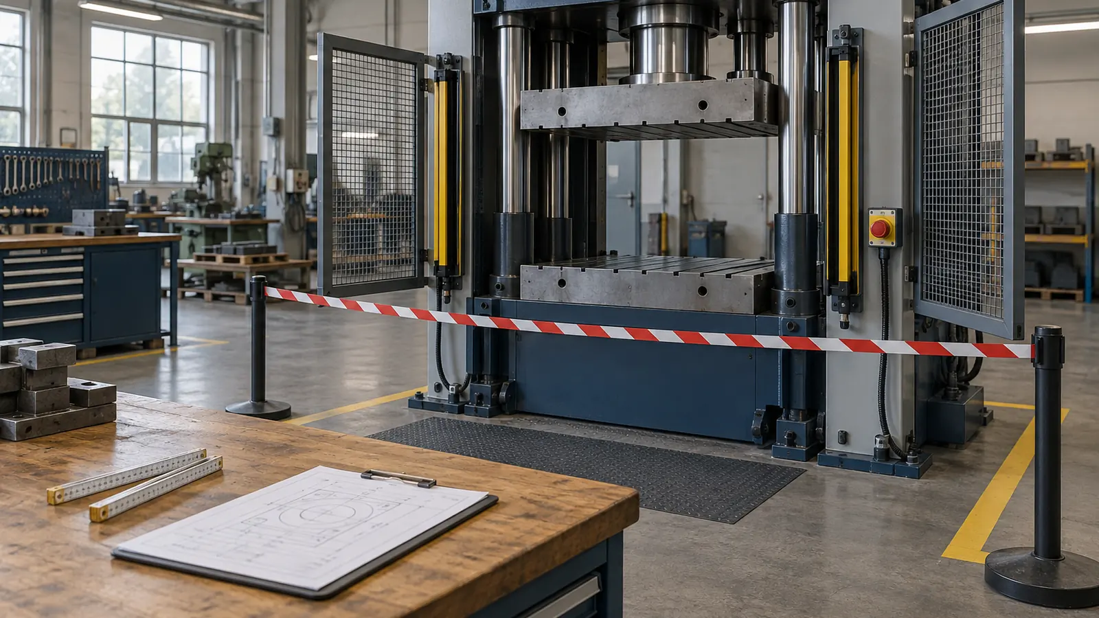 Pressa idraulica in officina con ripari aperti, barriere fotoelettriche e area delimitata: il rilievo dopo un infortunio