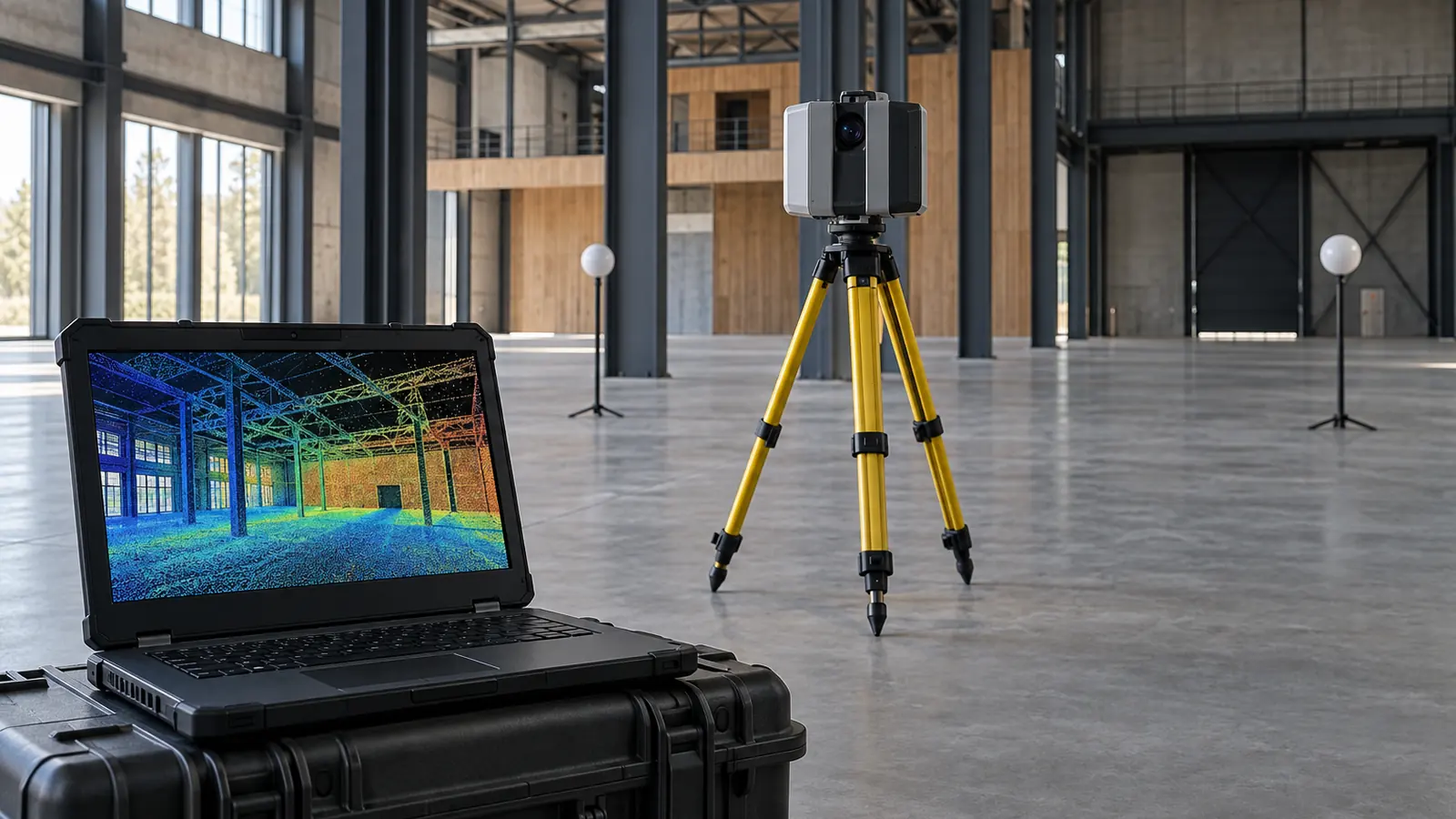 Laser scanner terrestre su treppiede in un capannone vuoto con due target sferici e la nuvola di punti sul portatile