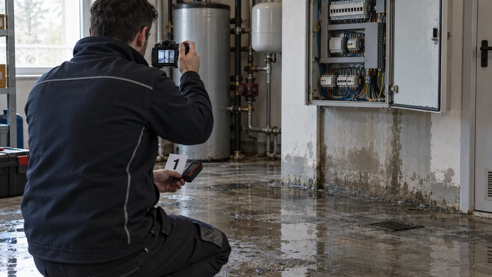 Tecnico che fotografa un locale con tracce d'acqua e quadro elettrico aperto: documentare i luoghi dopo un sinistro