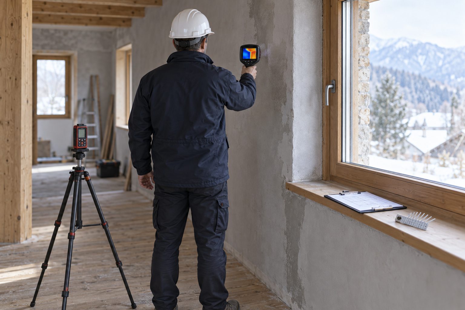 Immagine illustrativa: sopralluogo con termocamera e distanziometro laser in un edificio in ristrutturazione