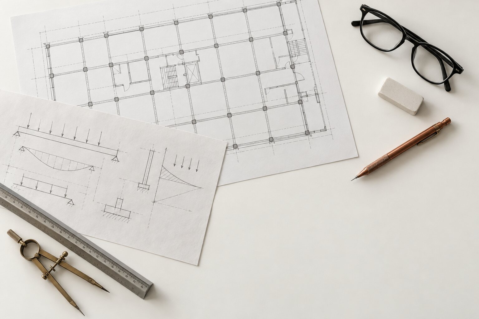 Verifica di disegni tecnici con strumenti di misura sul tavolo di lavoro