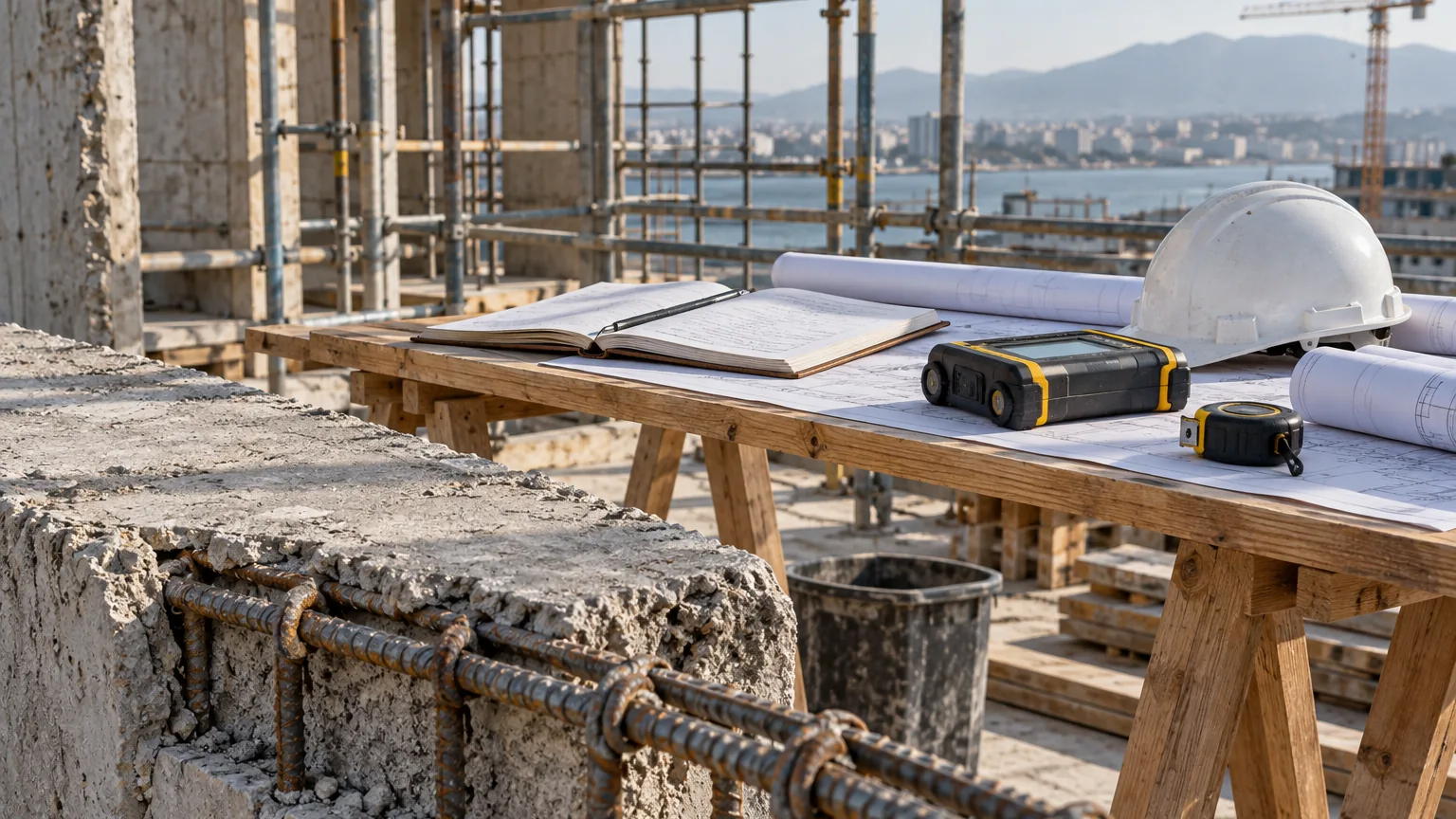 Cantiere edile con bordo di solaio in cemento armato e ferri scoperti, giornale dei lavori aperto su un tavolo a cavalletto con disegni arrotolati ed elmetto