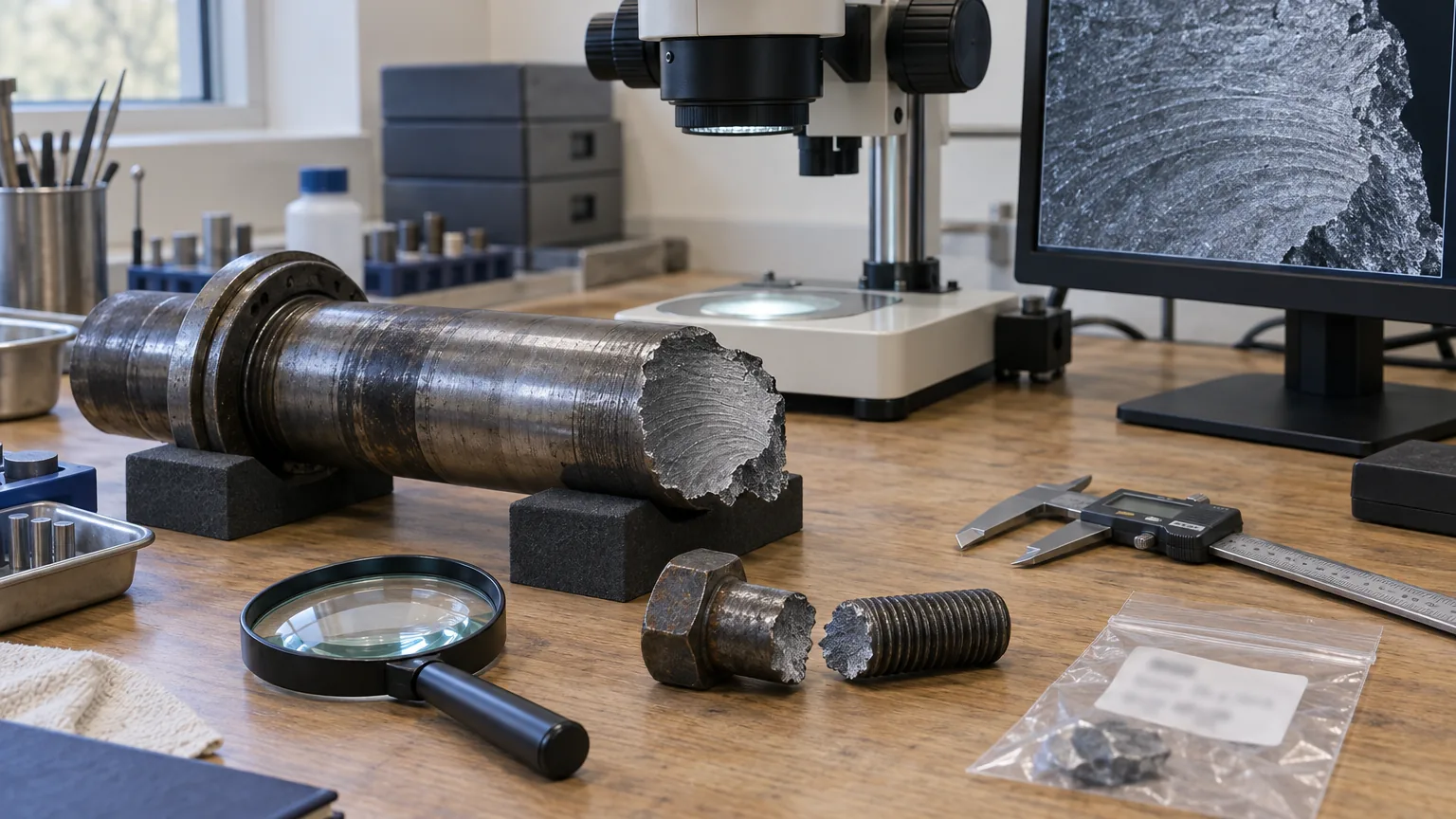 Banco di laboratorio con un albero d'acciaio fratturato sotto uno stereomicroscopio, un bullone spezzato, lente, calibro e sacchetto per campione