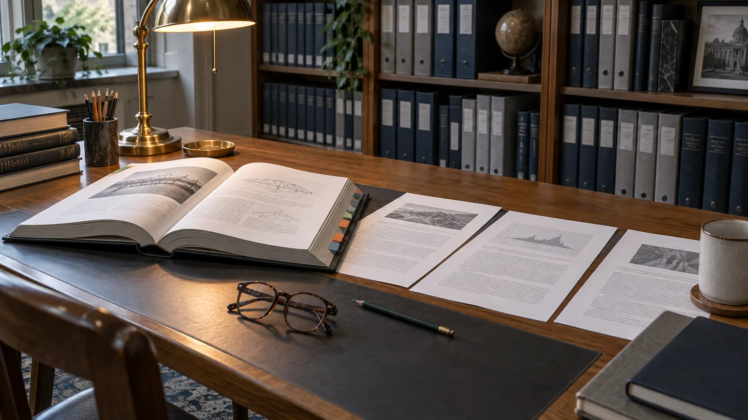 Scrivania di una biblioteca tecnica con una guida rilegata aperta, linguette colorate sui capitoli e articoli stampati disposti in ordine di lettura accanto