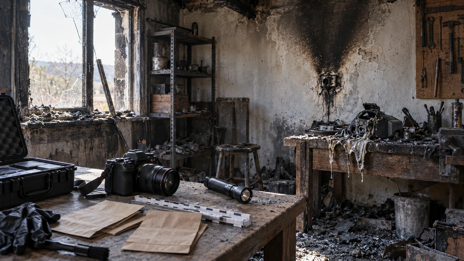 Interno di una piccola officina dopo un incendio: travi annerite, pattern di fuliggine a V sopra una presa elettrica carbonizzata, kit dell'investigatore in primo piano