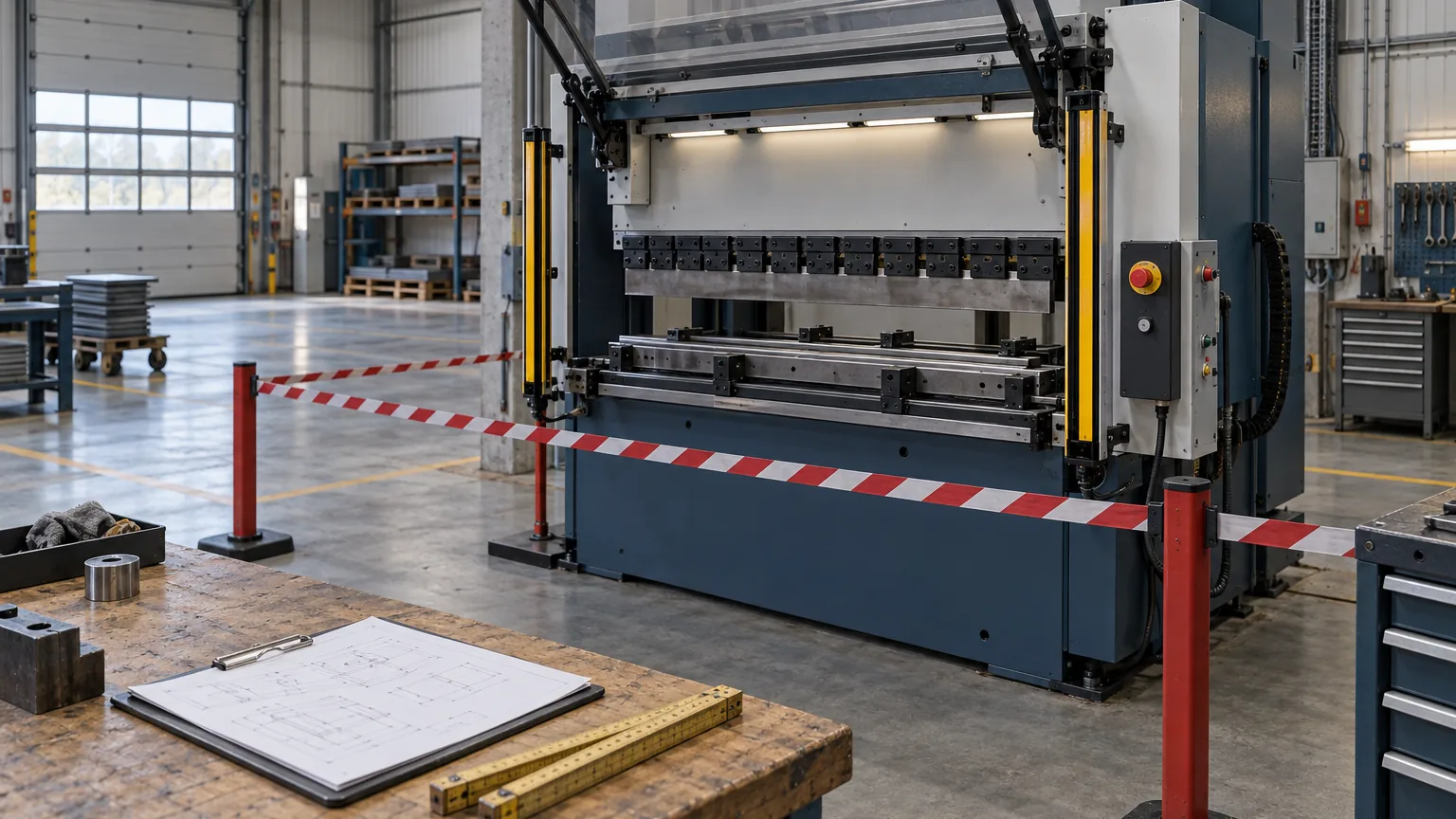 Reparto di officina con una macchina utensile a riparo sollevato, barriera fotoelettrica, pulsante di emergenza rosso e nastro bianco-rosso intorno all'area