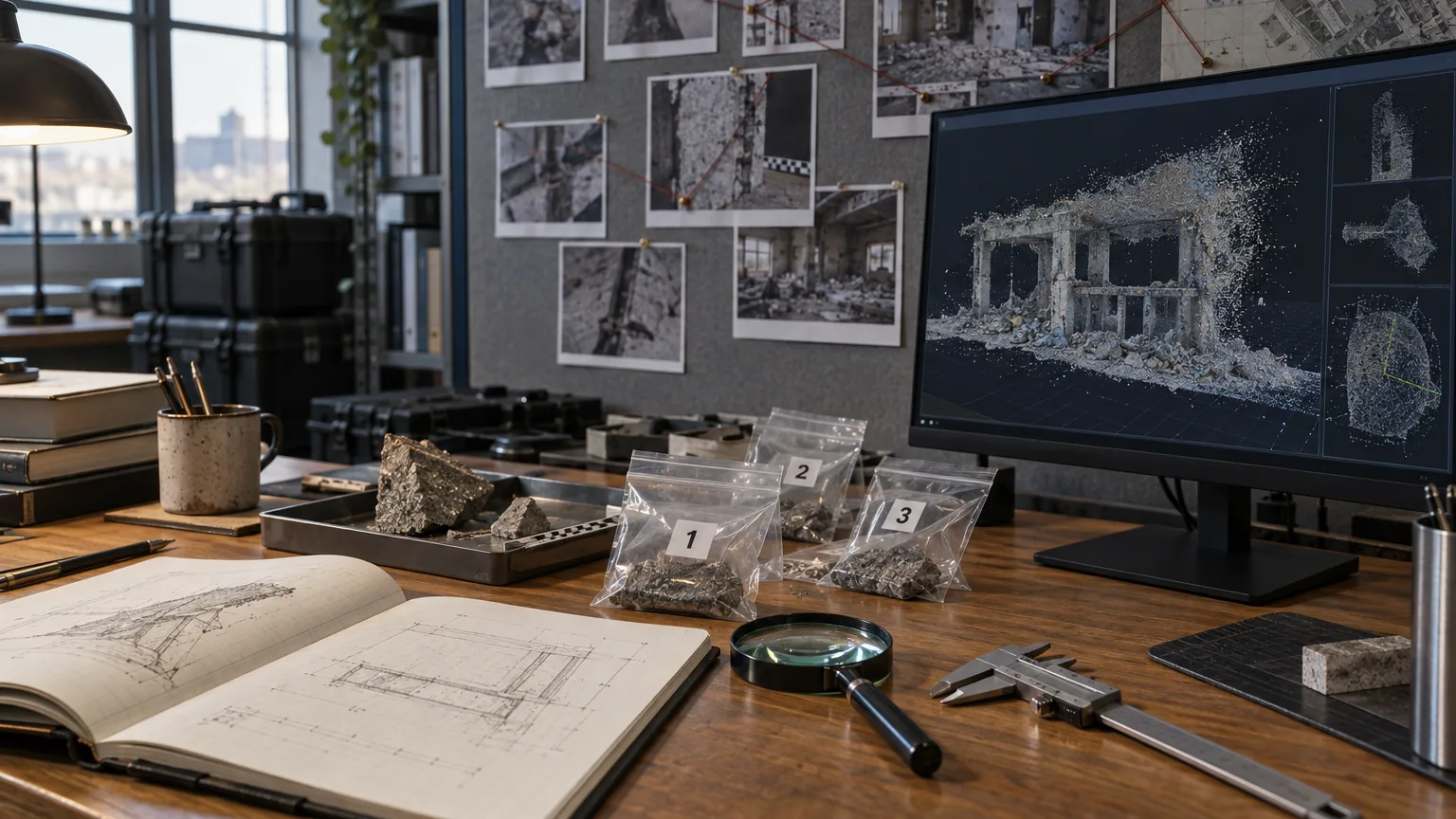 Sala di lavoro di ingegneria forense con fotografie di evidenze appuntate in sequenza su una bacheca, taccuino di schizzi, calibro e lente