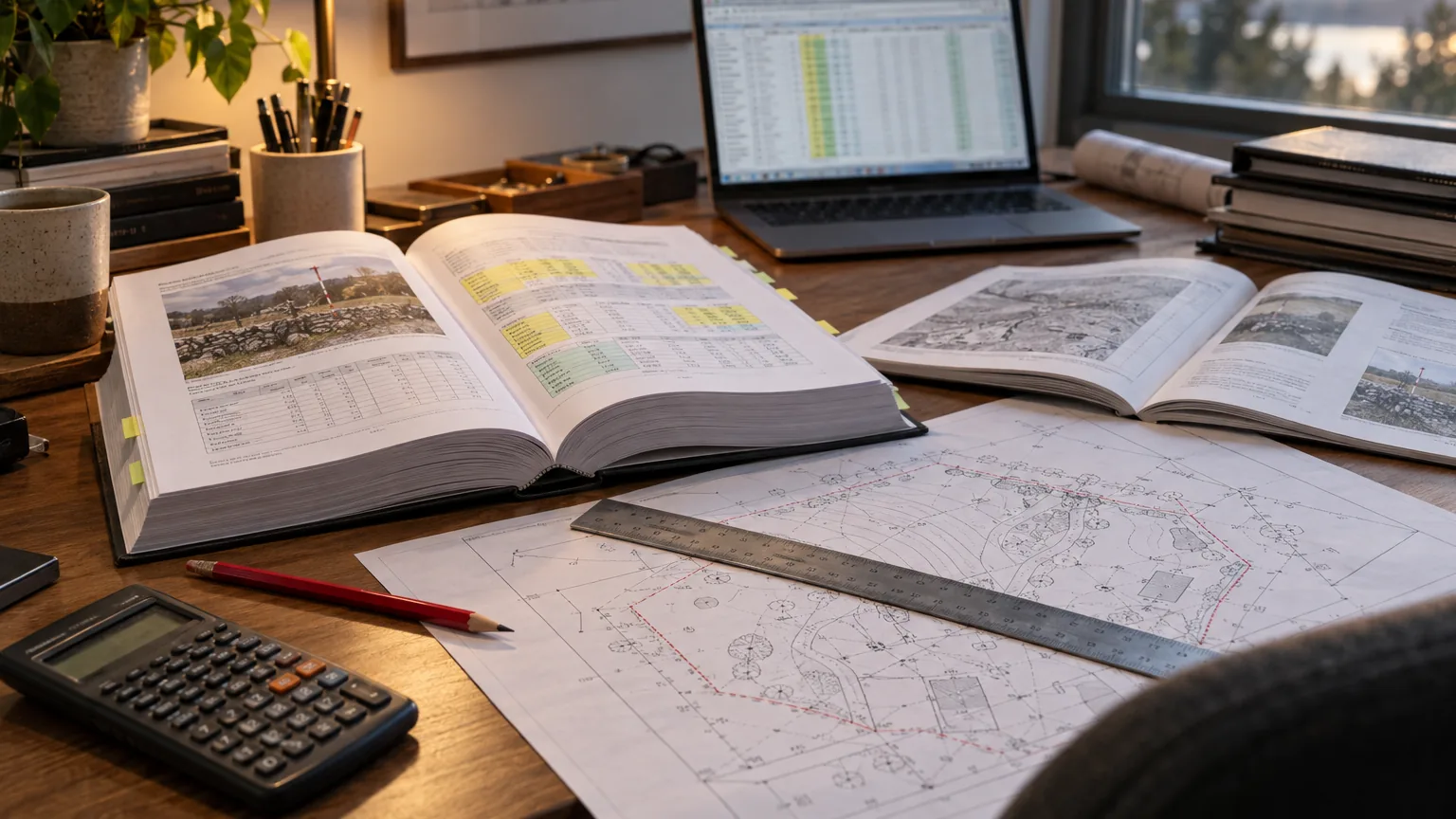 Scrivania con una relazione peritale rilegata aperta su tabelle di misure evidenziate, matita rossa, calcolatrice e righello su un rilievo