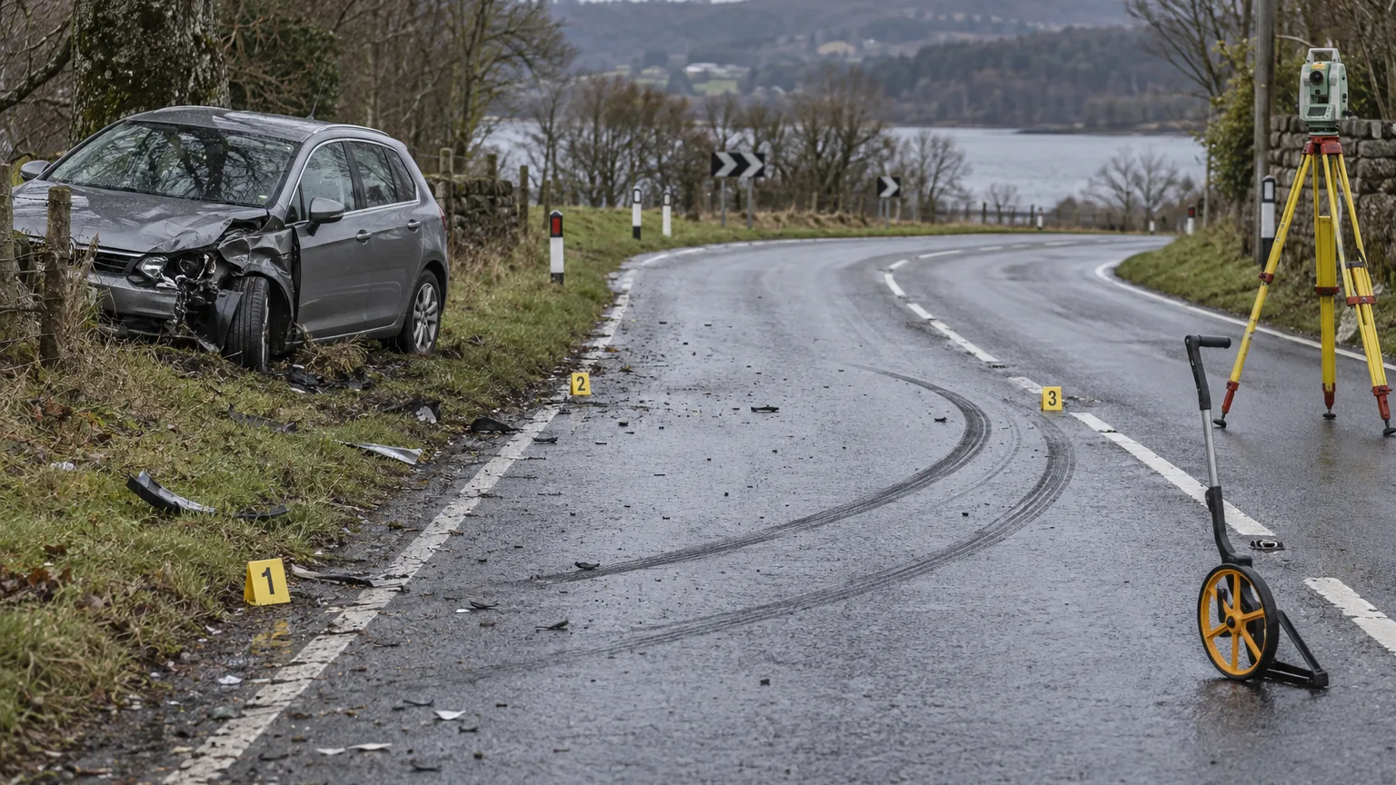 Curva di strada provinciale dopo un urto: auto grigia con il parafango anteriore schiacciato, tracce di pneumatico sull'asfalto, marcatori gialli, rotella metrica e stazione totale su treppiede
