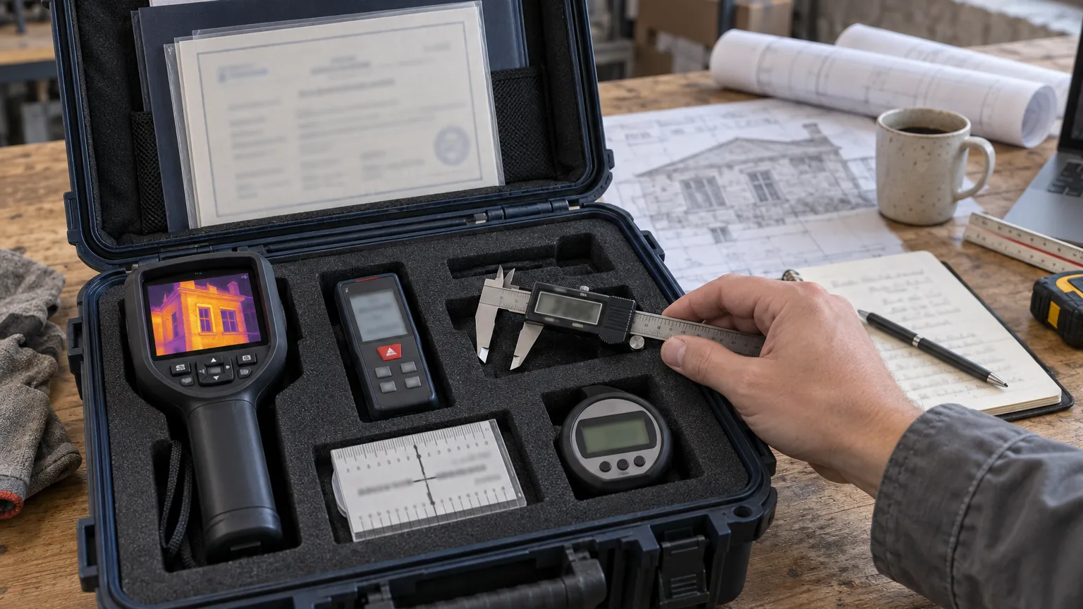 Valigia strumenti aperta su un banco: termocamera, distanziometro laser, calibro digitale, fessurimetro e inclinometro, una mano legge il calibro