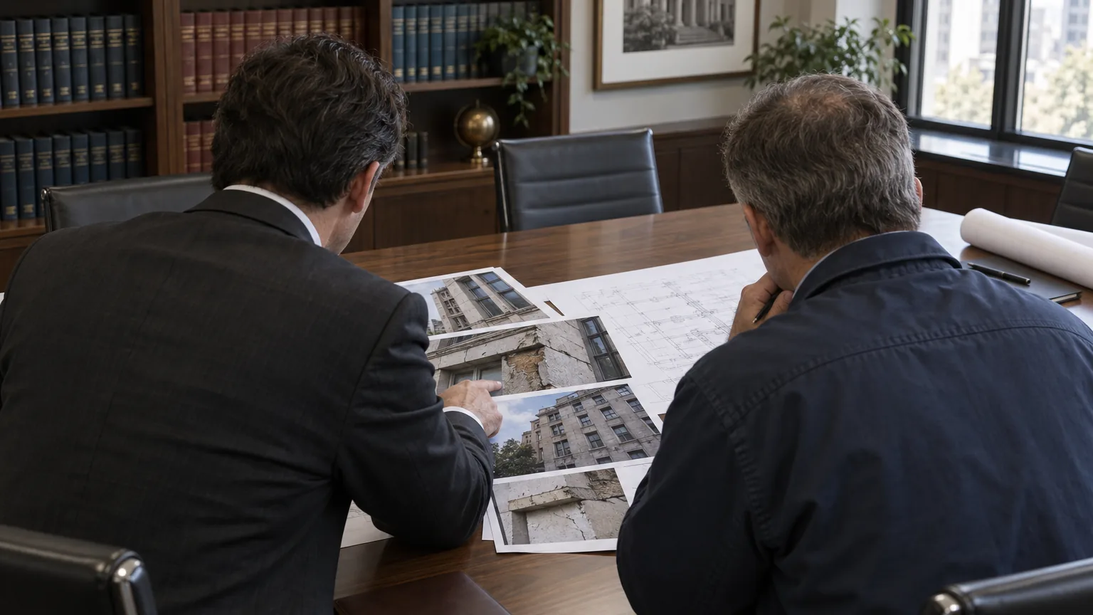 Avvocato e ingegnere di spalle in una sala riunioni chinati su fotografie di un edificio e un disegno tecnico, libreria giuridica sullo sfondo