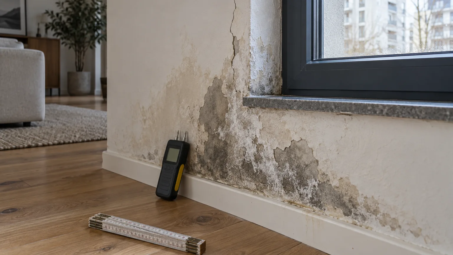 Interno di un appartamento con macchie di umidità e intonaco distaccato alla base della parete, efflorescenze e una lesione dallo spigolo della finestra, igrometro appoggiato al muro