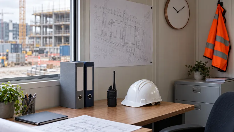 Ufficio di cantiere: faldoni dei piani di sicurezza sulla scrivania, planimetria, radio, elmetto e giubbotto alta visibilità