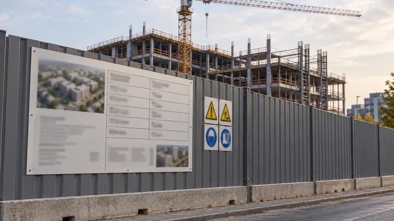 Recinzione di cantiere con il cartello a caselle dei ruoli e i cartelli di sicurezza, gru e struttura in costruzione dietro