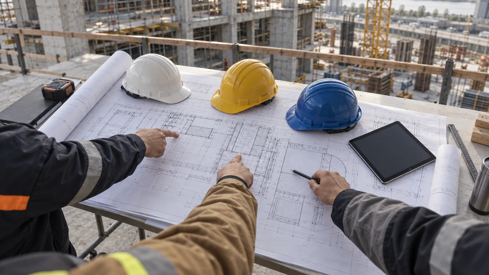 Riunione di cantiere dall'alto: tavole di progetto, tre elmetti di colore diverso, tablet e mani che indicano il disegno