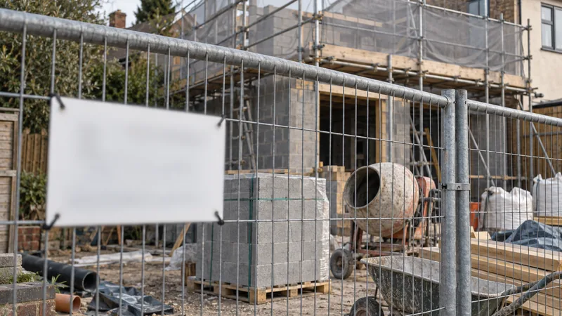 Recinzione di cantiere con cartello, ponteggio con rete e volume in muratura in costruzione per un ampliamento