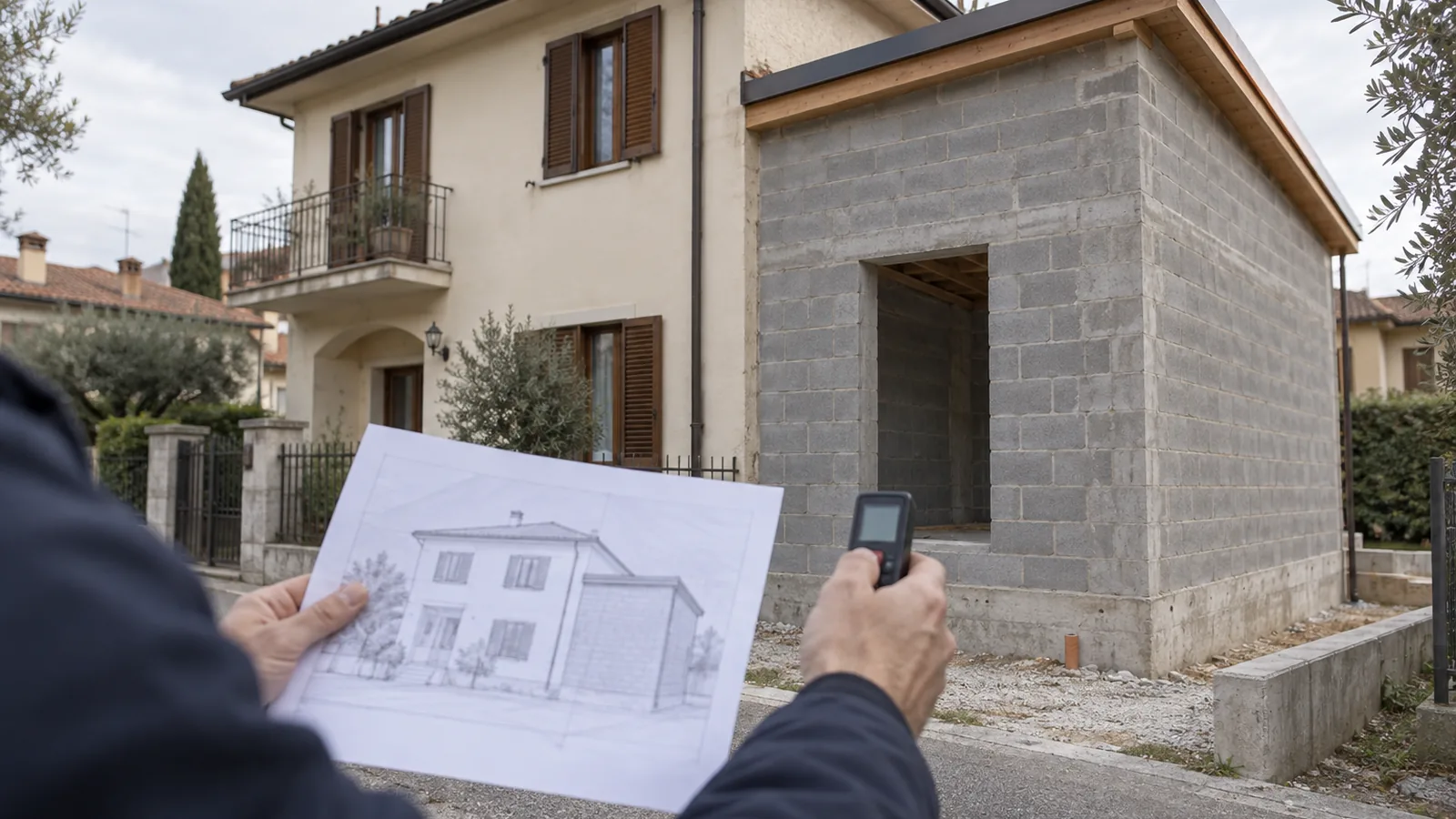 Tavola di prospetto e distanziometro laser davanti a una casa con ampliamento in muratura nuova non intonacata