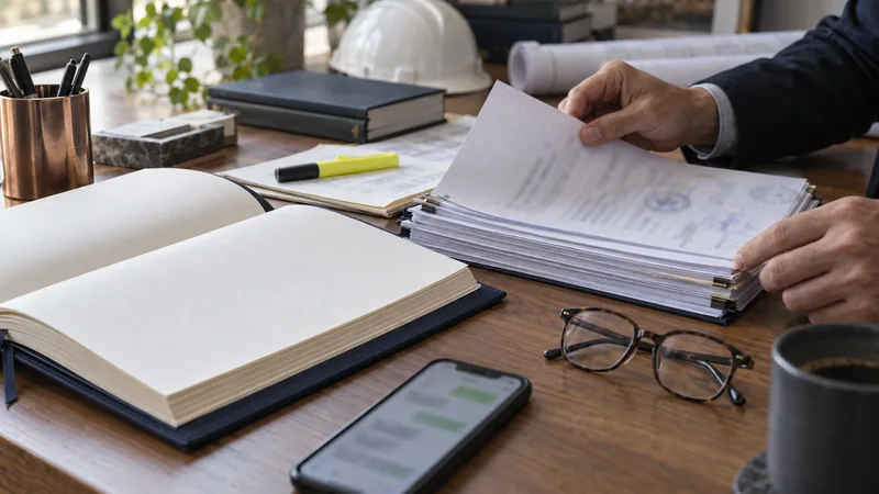 Contratto rilegato aperto, verbali di cantiere timbrati, evidenziatore e telefono con chat sfocata, mani senza volto