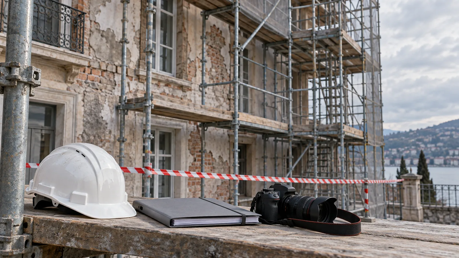 Ponteggio su una facciata in ristrutturazione, cantiere fermo con nastro segnaletico, elmetto, fascicolo e fotocamera