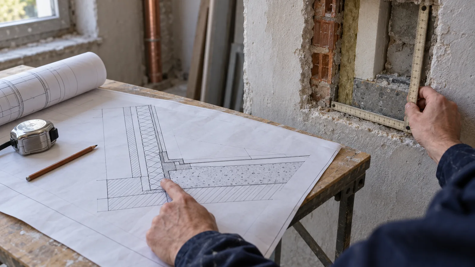 Tavole esecutive aperte su un nodo costruttivo accanto a un saggio nella parete: mani confrontano disegno e realizzato