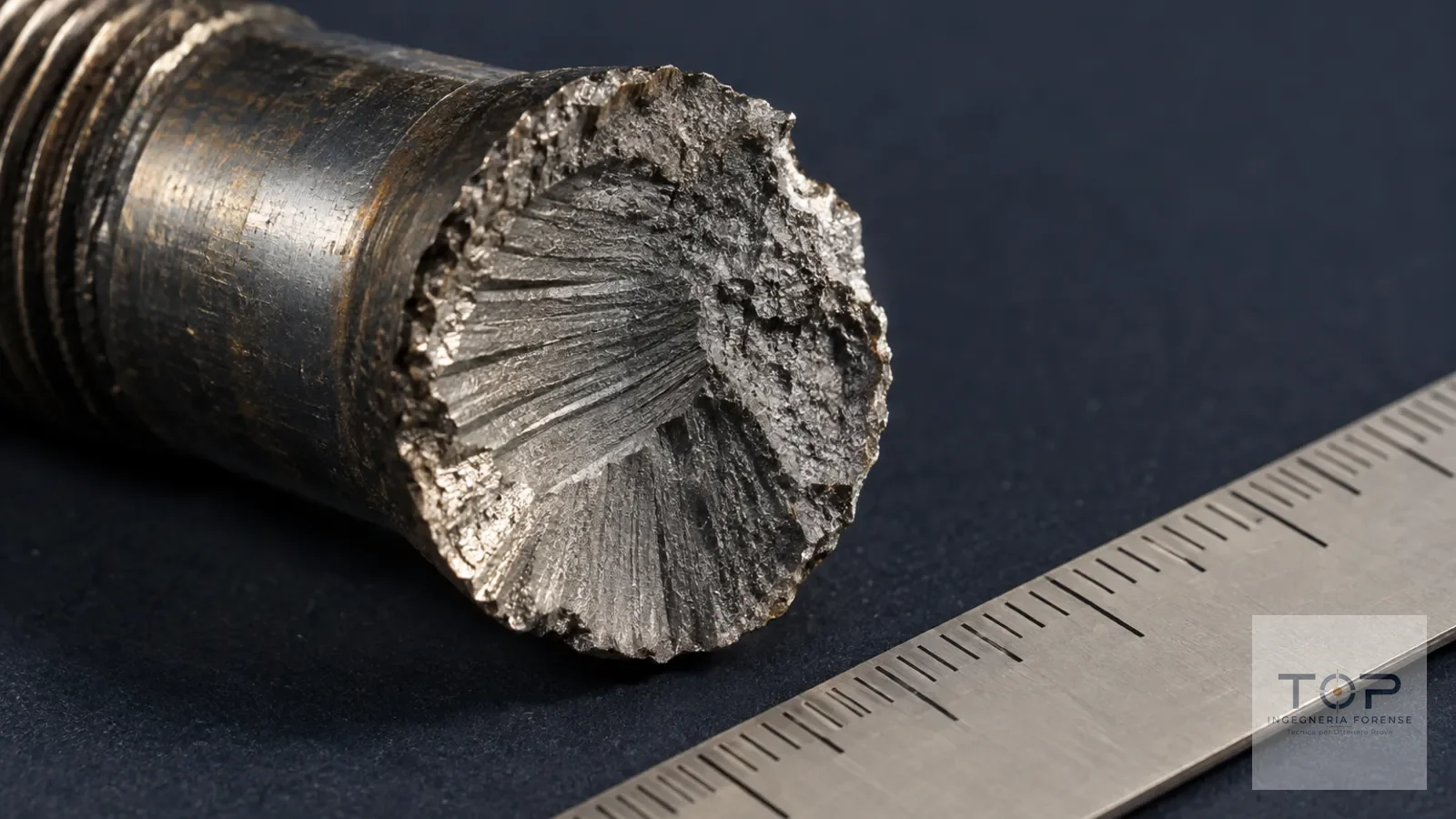 Superficie di frattura di un componente metallico con scala graduata: il punto di partenza di una failure analysis