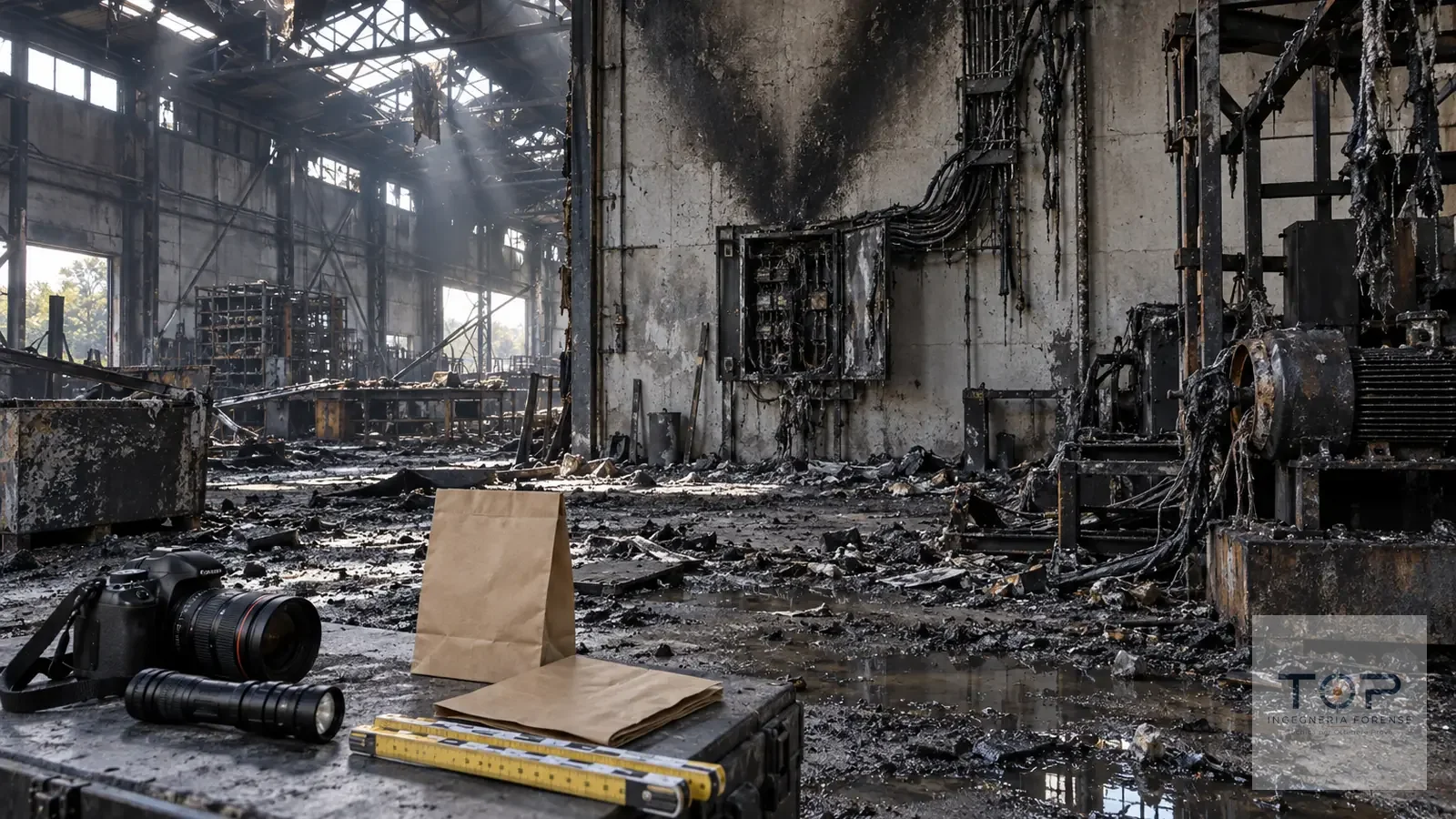 Capannone dopo un incendio: pattern di fuliggine a V sopra un quadro elettrico bruciato e attrezzatura per il rilievo