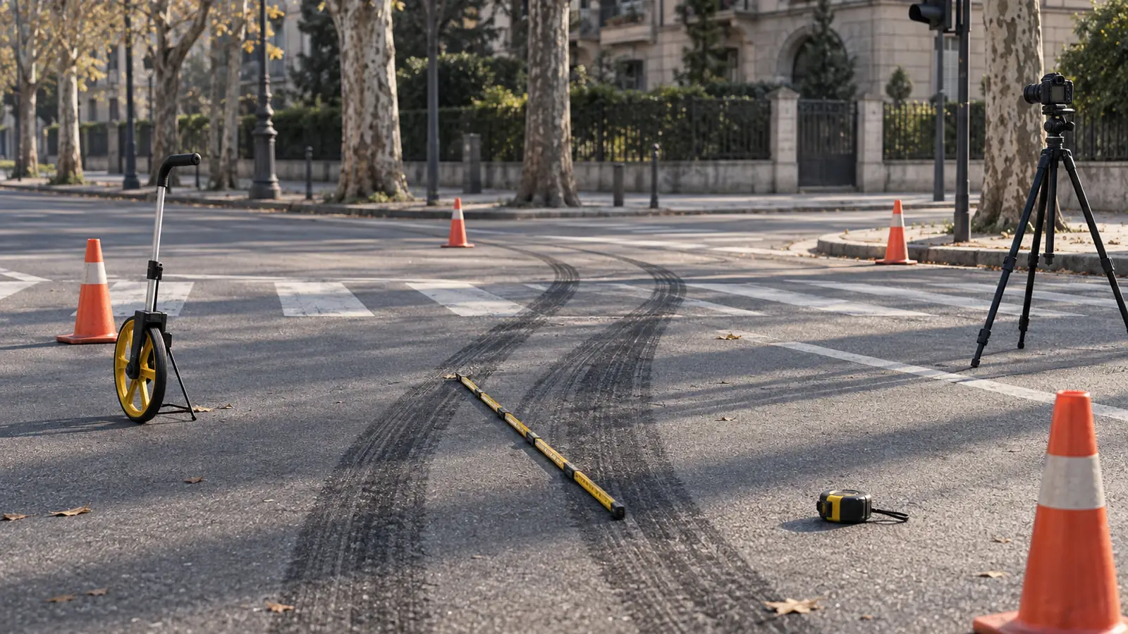 Rilievo delle tracce di frenata a un'intersezione urbana con rotella metrica e coni: ricostruzione di un incidente stradale a Monza