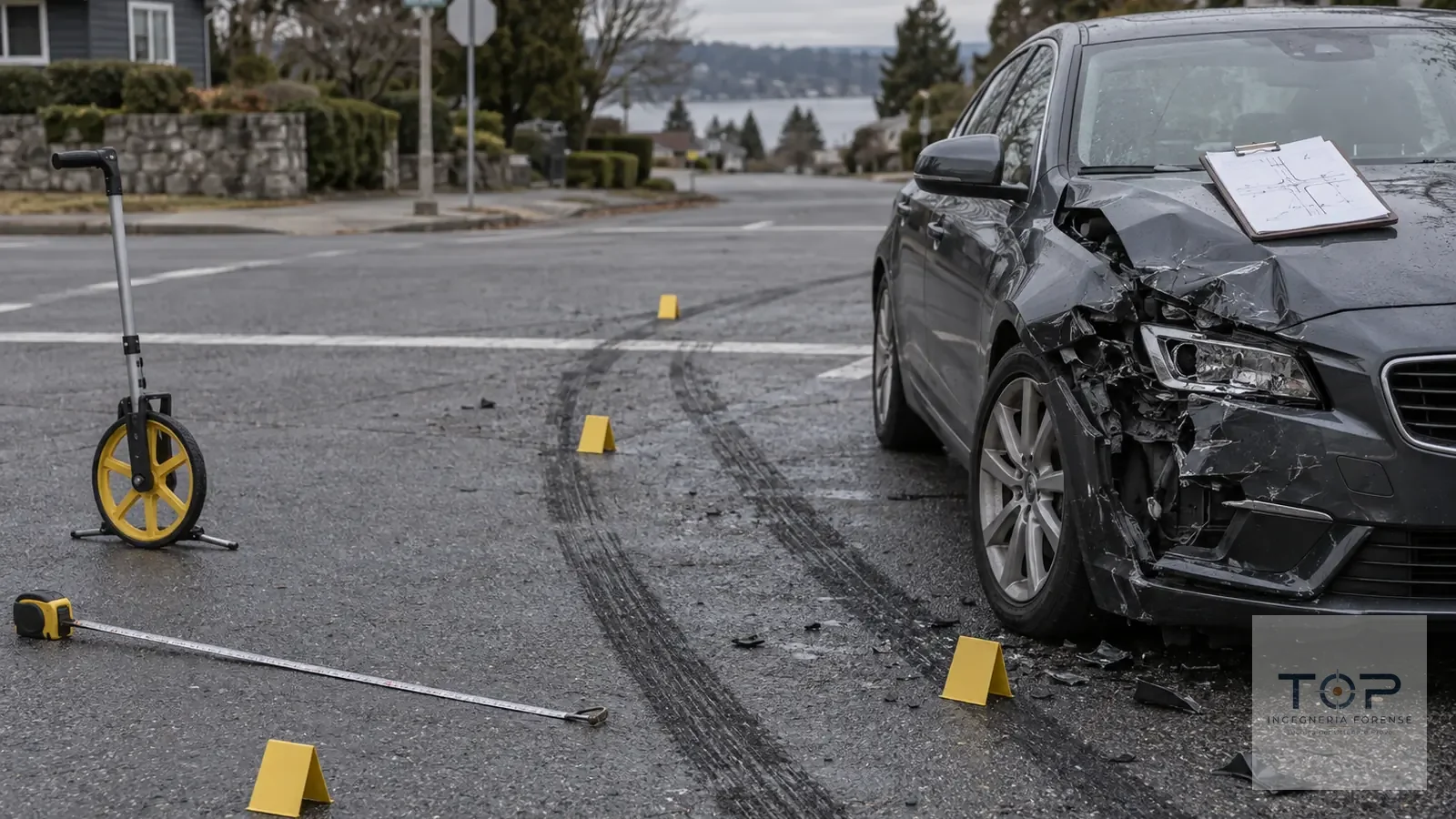 Incrocio dopo una collisione: auto con frontale danneggiato, tracce di frenata, segnaposti e rotella metrica per il rilievo