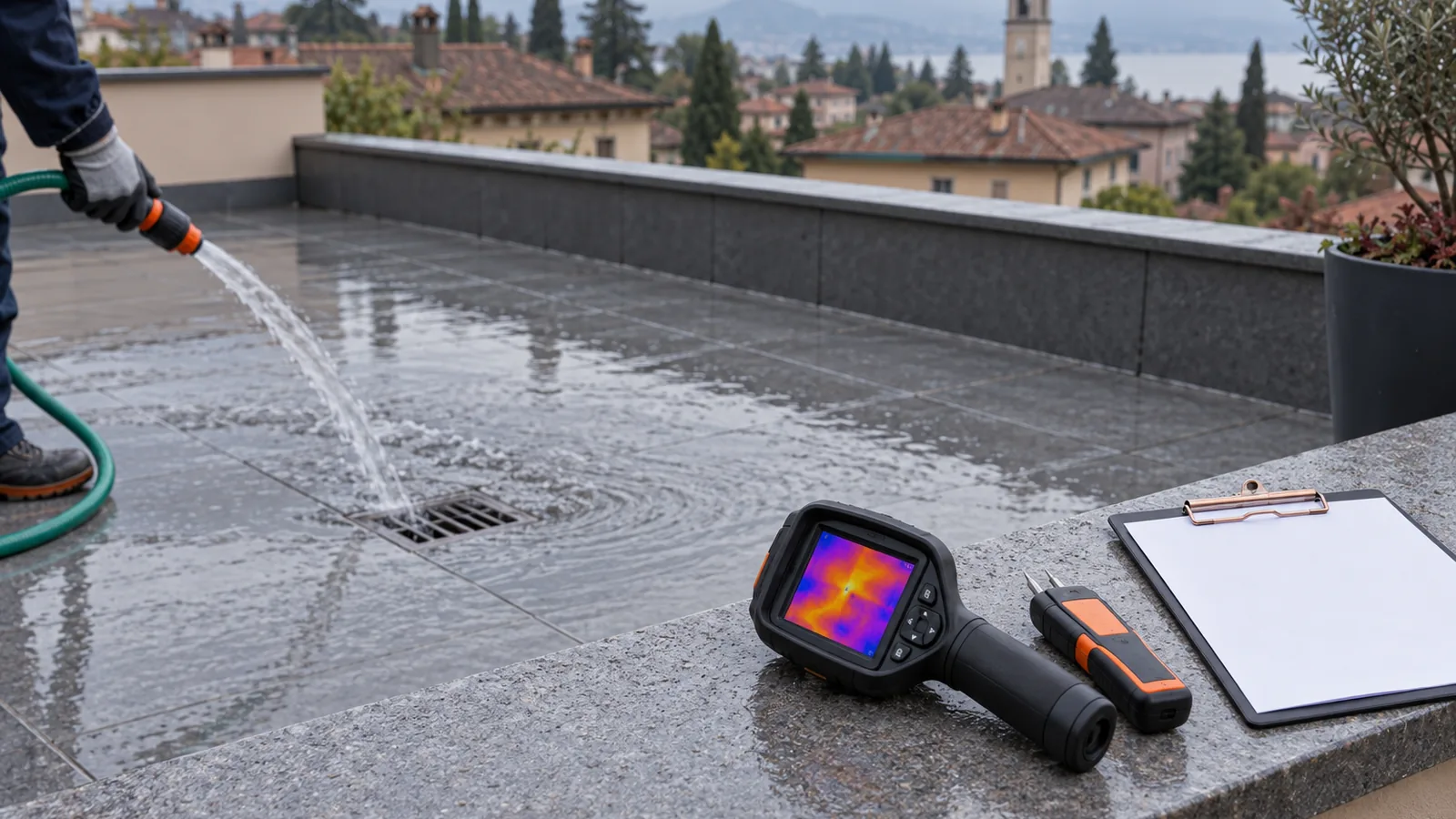 Prova d'acqua su un terrazzo a livello con termocamera e umidimetro: perizia su infiltrazioni a Monza