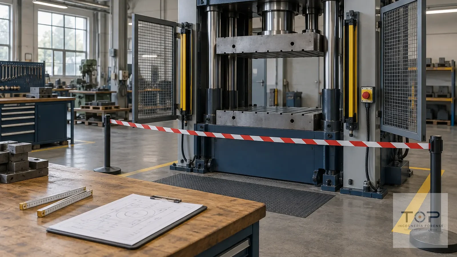Pressa idraulica in officina con ripari aperti, barriere fotoelettriche e area delimitata: il rilievo dopo un infortunio