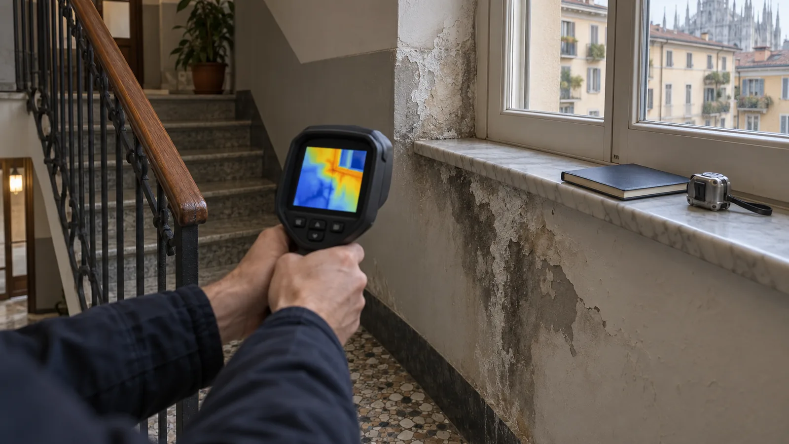 Termocamera puntata su una parete con macchia di umidità e intonaco scrostato nel vano scala di un condominio