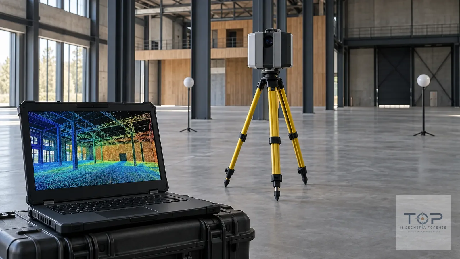 Laser scanner terrestre su treppiede in un capannone vuoto con due target sferici e la nuvola di punti sul portatile