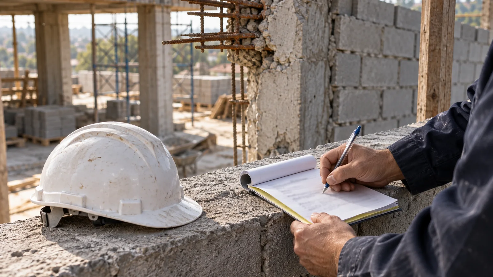 Mani di un tecnico che scrivono un ordine di servizio su un blocco a ricalco in cantiere, elmetto accanto, ferri a vista