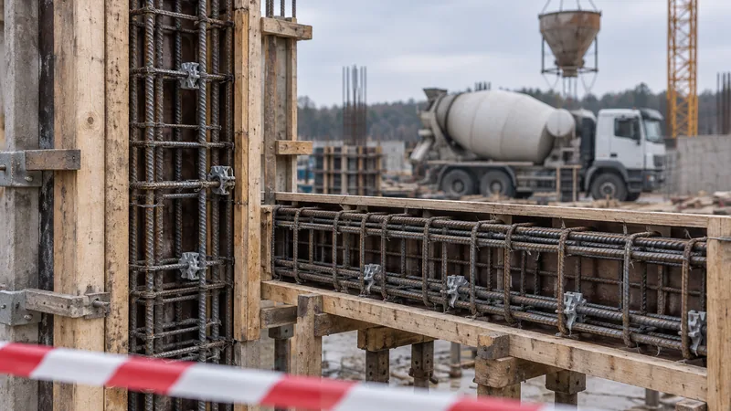 Casseri aperti con armatura a vista e getto non eseguito, nastro segnaletico davanti, autobetoniera ferma sullo sfondo
