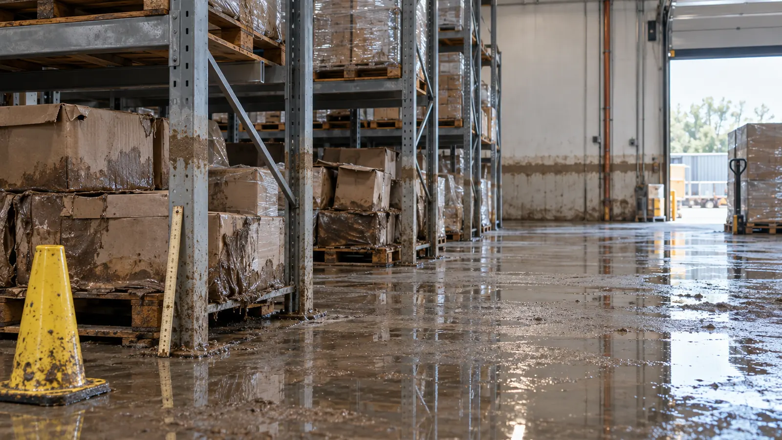 Magazzino logistico con il segno del livello dell'acqua sugli scaffali e merci bagnate: perizia sui danni da allagamento a Milano