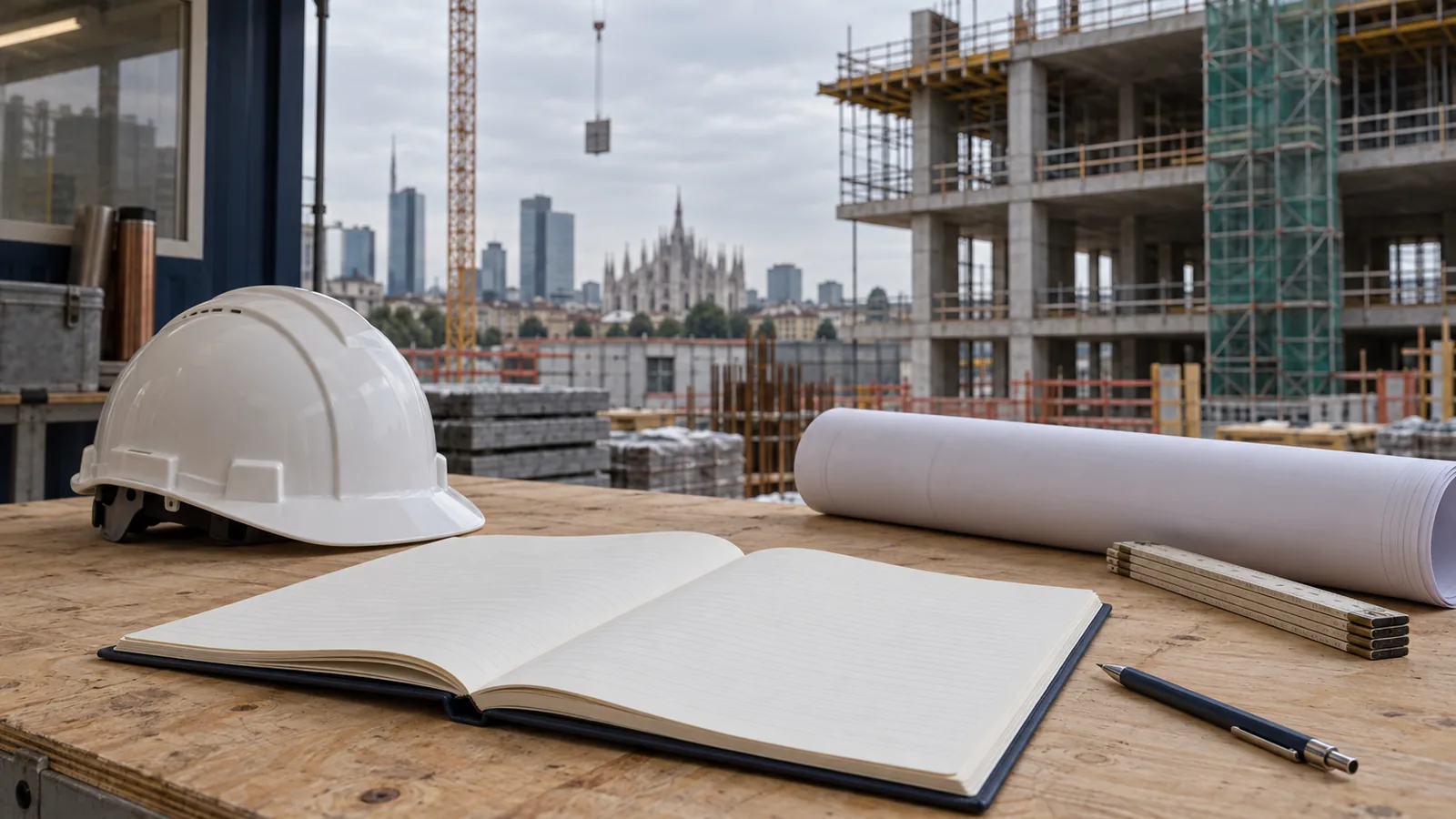 Cantiere di un edificio direzionale con il giornale dei lavori aperto e un casco sul tavolo: perizia sulla direzione lavori a Milano