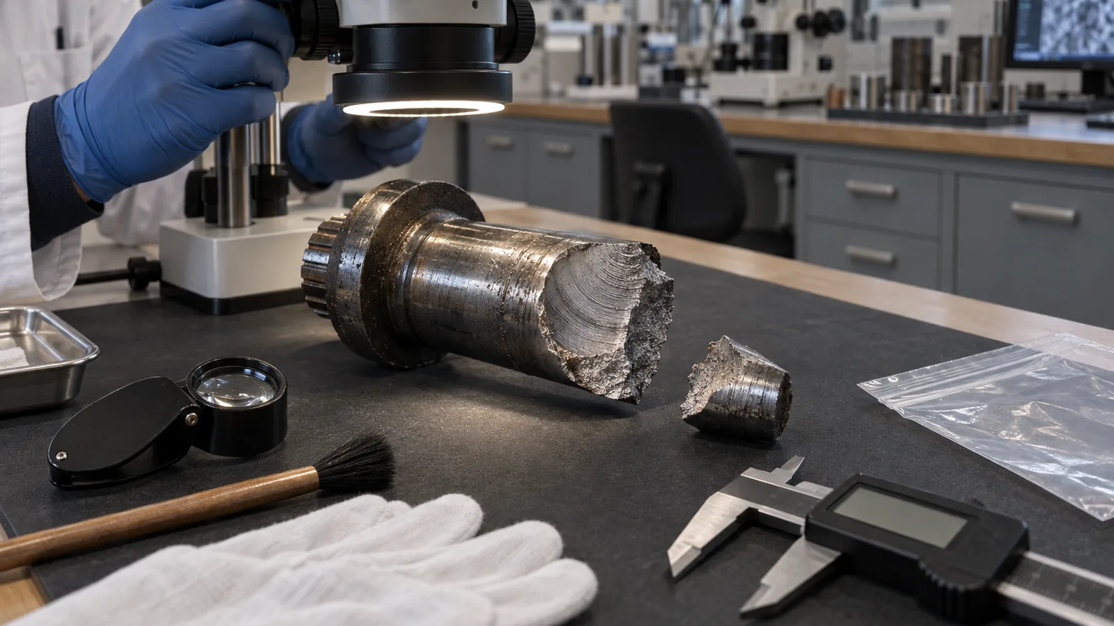 Componente meccanico fratturato sul banco di un laboratorio con stereomicroscopio: perizia di failure analysis a Milano