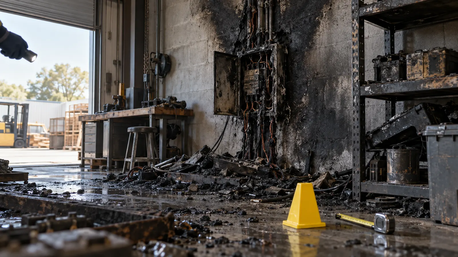 Interno di un capannone dopo un incendio con quadro elettrico bruciato e tracce di combustione: perizia incendio a Monza