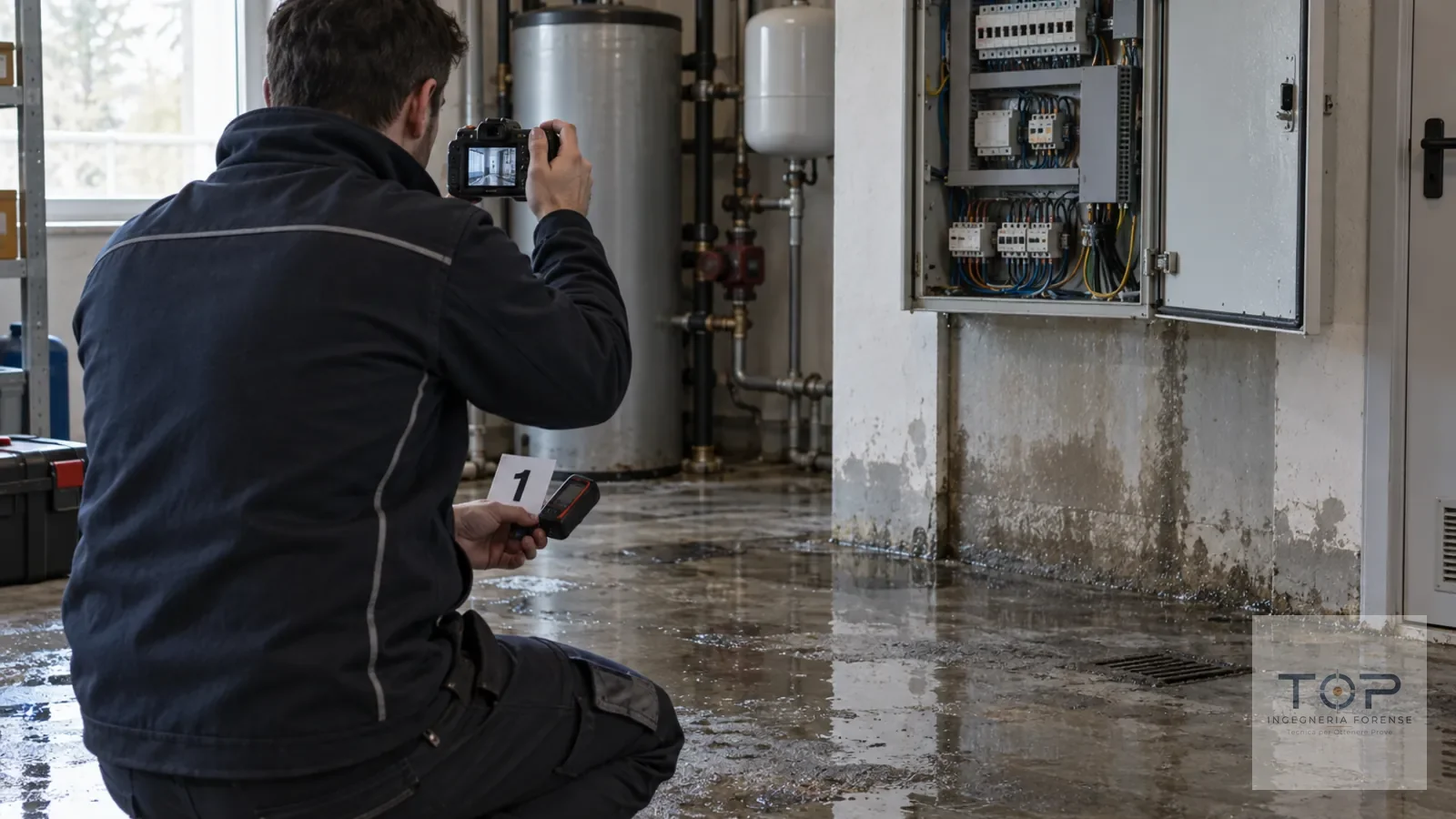 Tecnico che fotografa un locale con tracce d'acqua e quadro elettrico aperto: documentare i luoghi dopo un sinistro